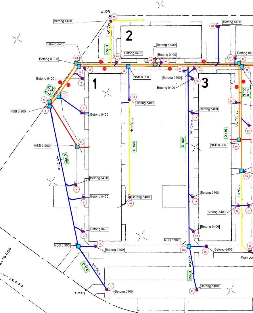 BRF GULA HÖJA, Malmö – En teknisk VA-ritning över ett markområde med tre markerade byggnader, märkta 1, 2 och 3. Ritningen visar ett nätverk av rörledningar i blått, grönt och gult, samt numrerade brunnar och textrutor som anger dimensioner